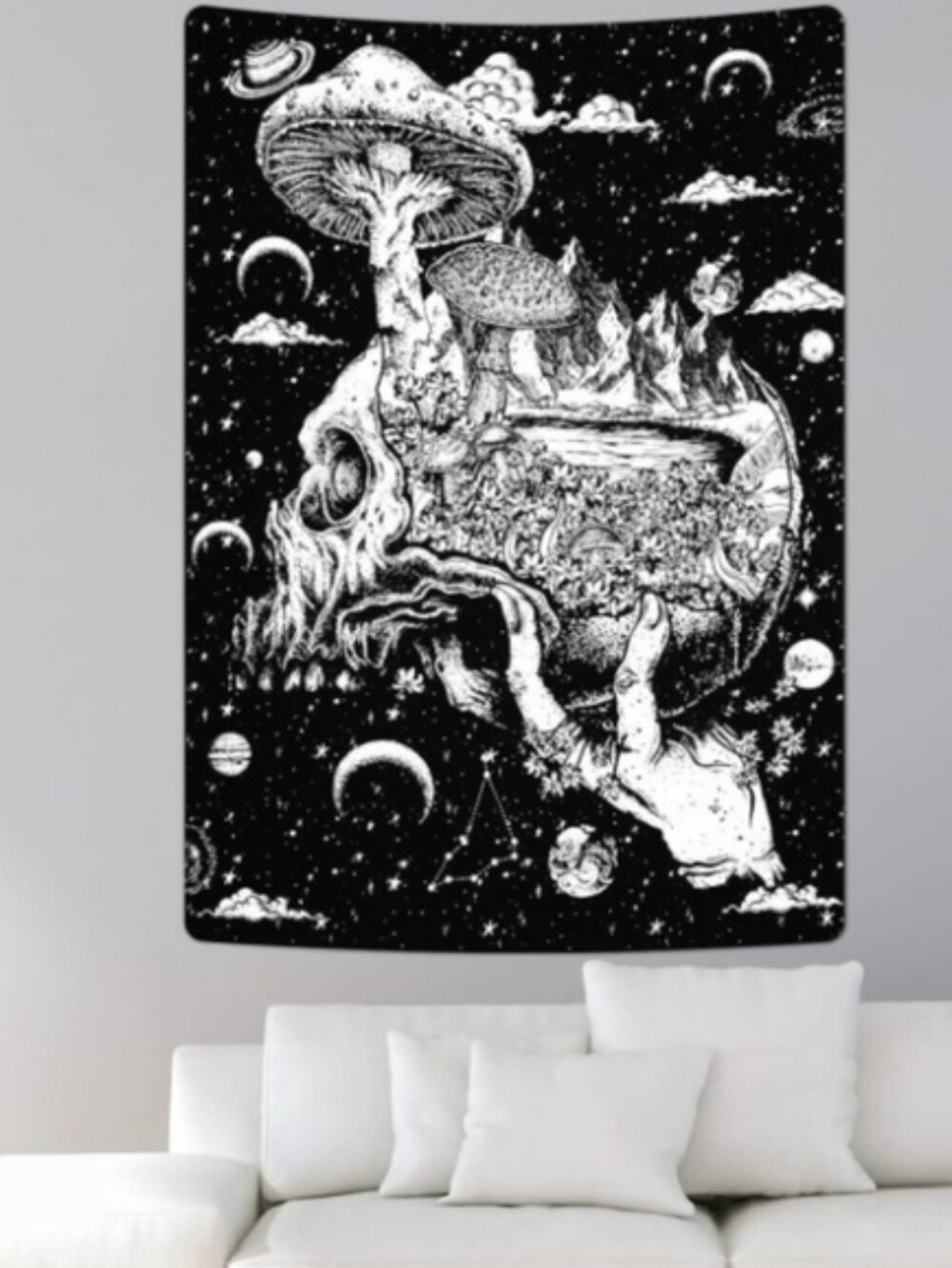 Hand Holding Skull Black White Mushroom Moon Dark Fantasy Goth Big Wall Tapestry